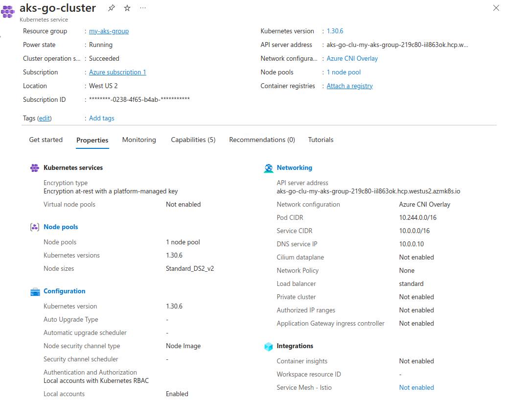Azure portal displaying detailed overview information for an AKS cluster.