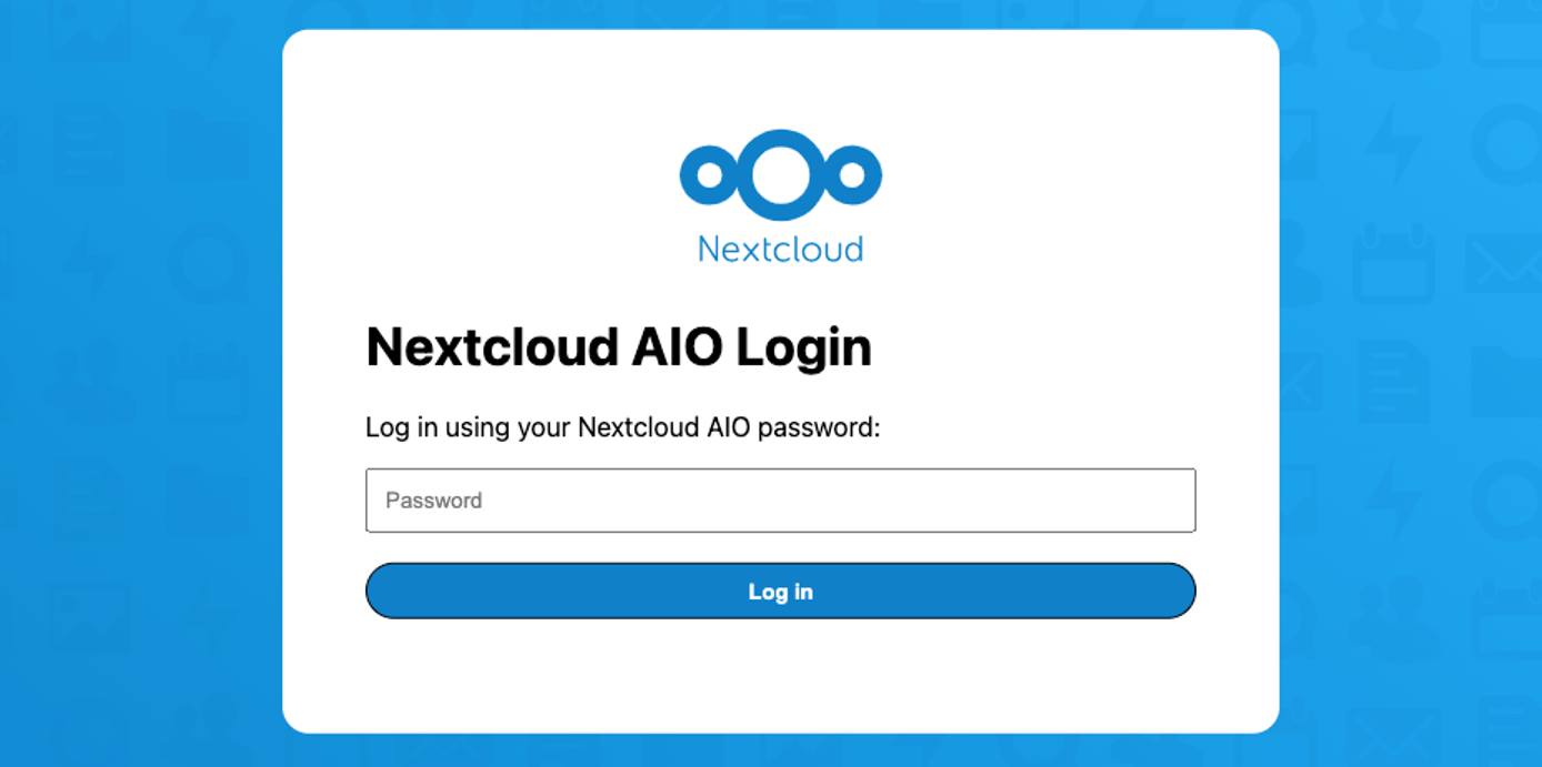Screenshot of the Nextcloud AIO log in prompt Screenshot of the Nextcloud AIO log in prompt